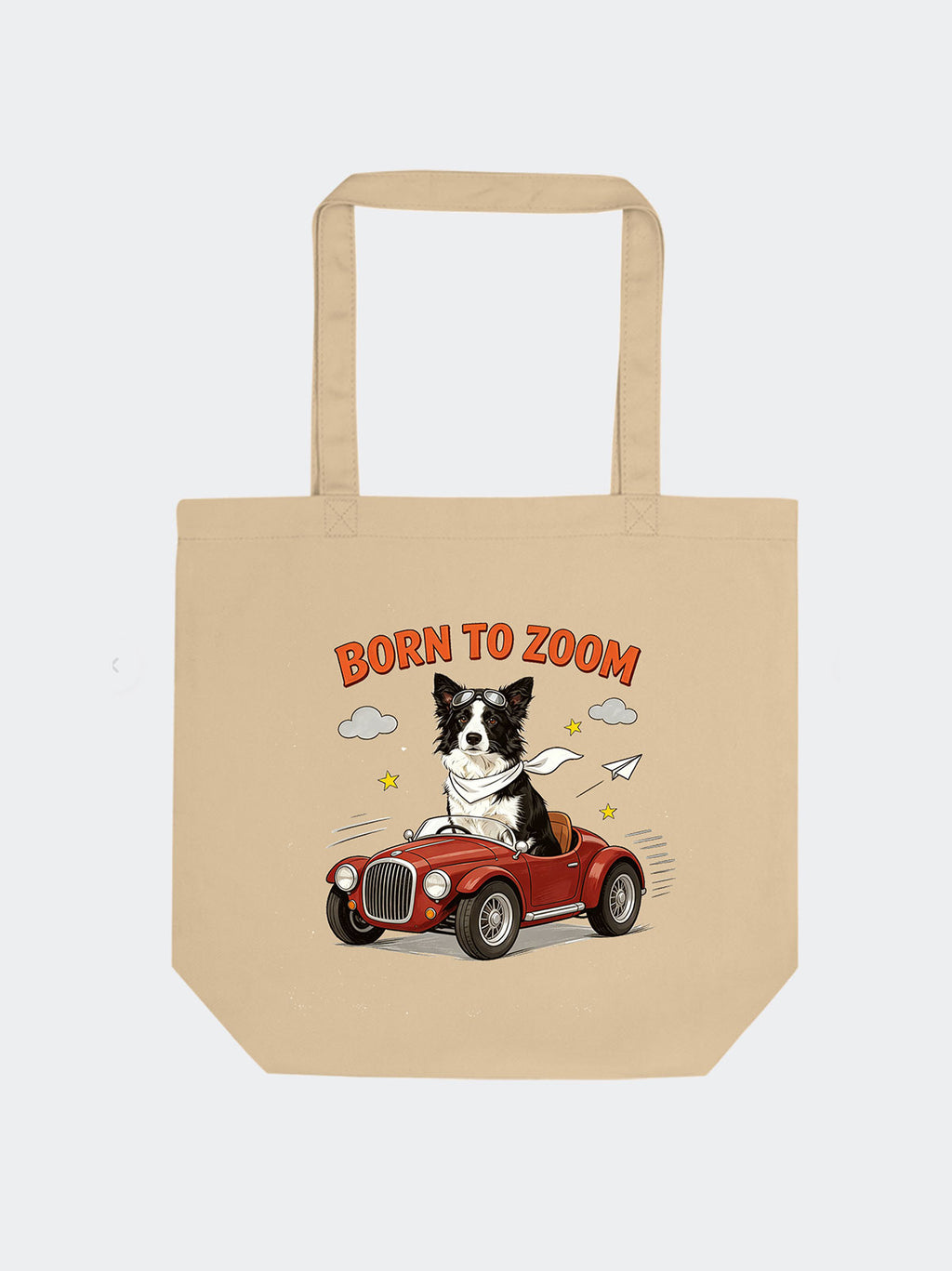 Custom dog portrait on organic cotton tote bag featuring a retro cafe scene
