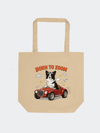 Custom dog portrait on organic cotton tote bag featuring a retro cafe scene
