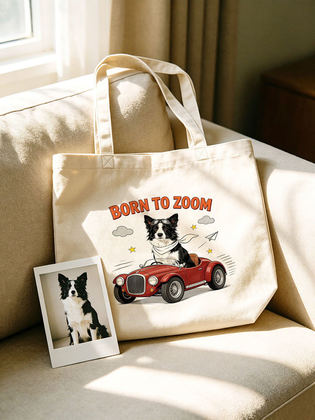 Custom dog portrait on organic cotton tote bag featuring a retro cafe scene