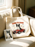 Custom dog portrait on organic cotton tote bag featuring a retro cafe scene