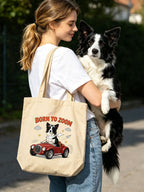 Custom dog portrait on organic cotton tote bag featuring a retro cafe scene