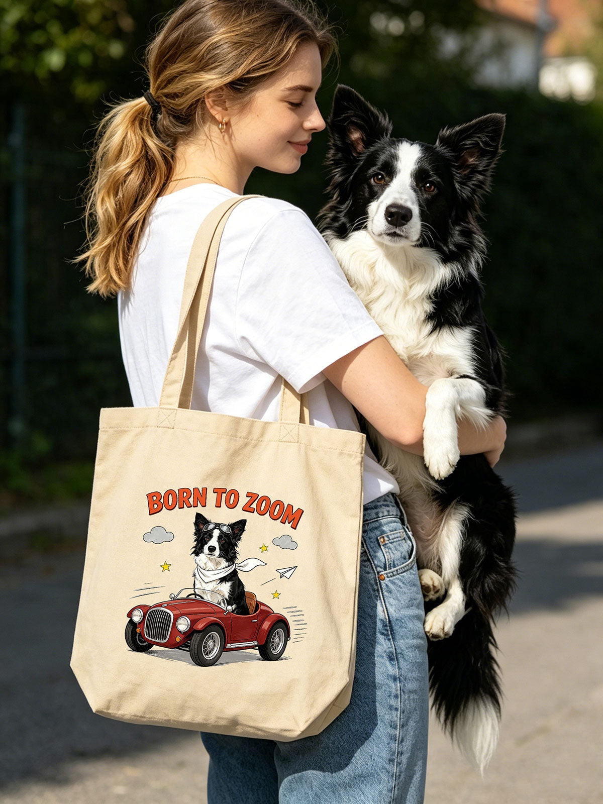 Custom dog portrait on organic cotton tote bag featuring a retro cafe scene