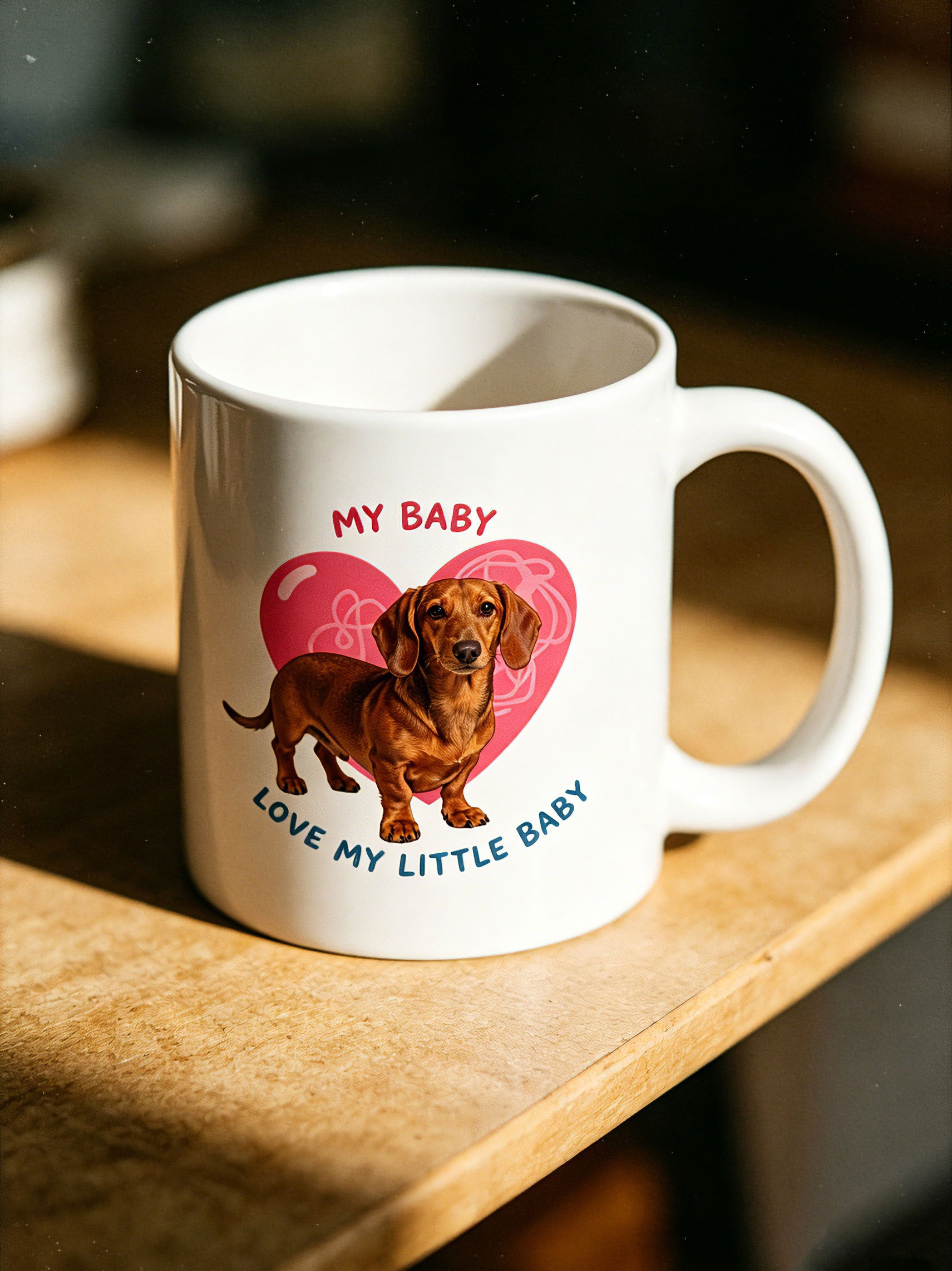 Custom pet portrait coffee mug featuring a cute dog illustration with a pink heart background and My Baby text.