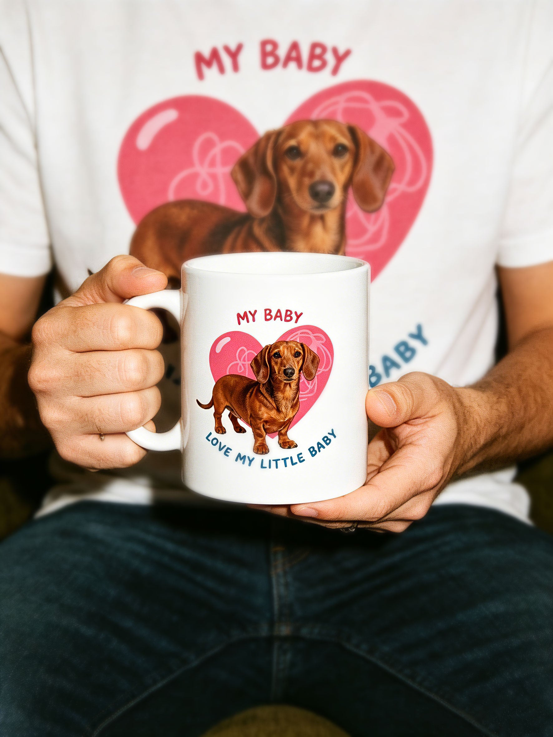man holding a personalized pet portrait mug with a pink heart design, perfect gift for pet lovers.