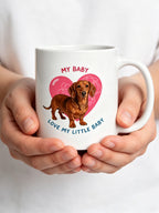 Custom pet portrait coffee mug featuring a cute dog illustration with a pink heart background and My Baby text.