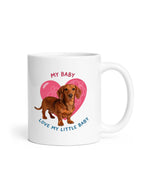 Custom pet portrait coffee mug featuring a cute dog illustration with a pink heart background and My Baby text.