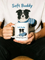 man holding a personalized pet portrait mug with a pink heart design, perfect gift for pet lovers.