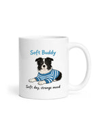 Illustrated custom dog mug showing a personalized pet portrait wearing a cozy striped sweater.
