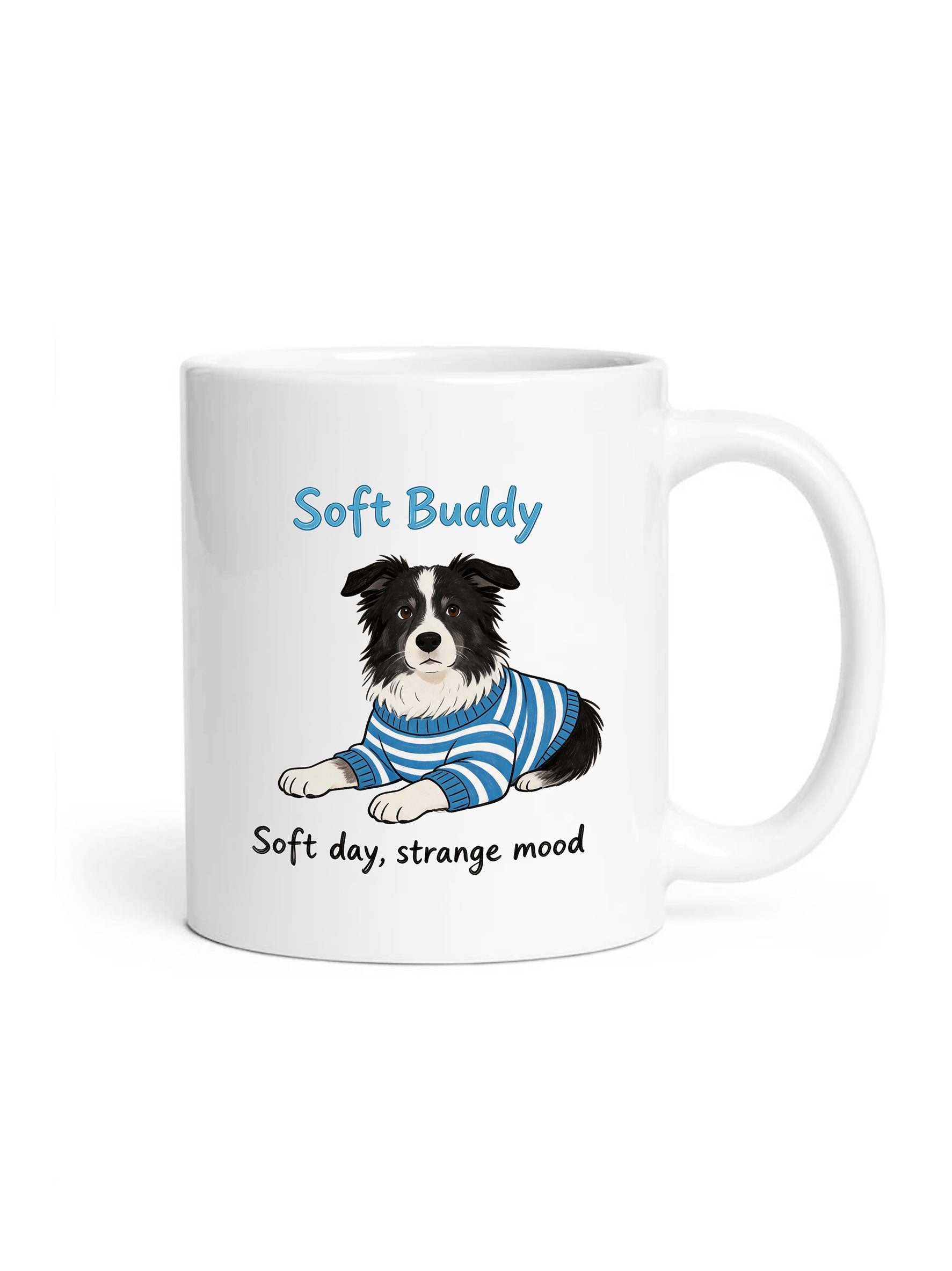 Illustrated custom dog mug showing a personalized pet portrait wearing a cozy striped sweater.