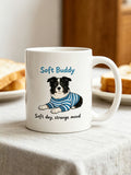 Cozy morning coffee with a custom pet portrait mug featuring a dog wearing a striped sweater.