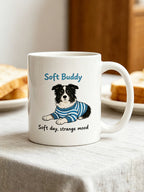 Cozy morning coffee with a custom pet portrait mug featuring a dog wearing a striped sweater.