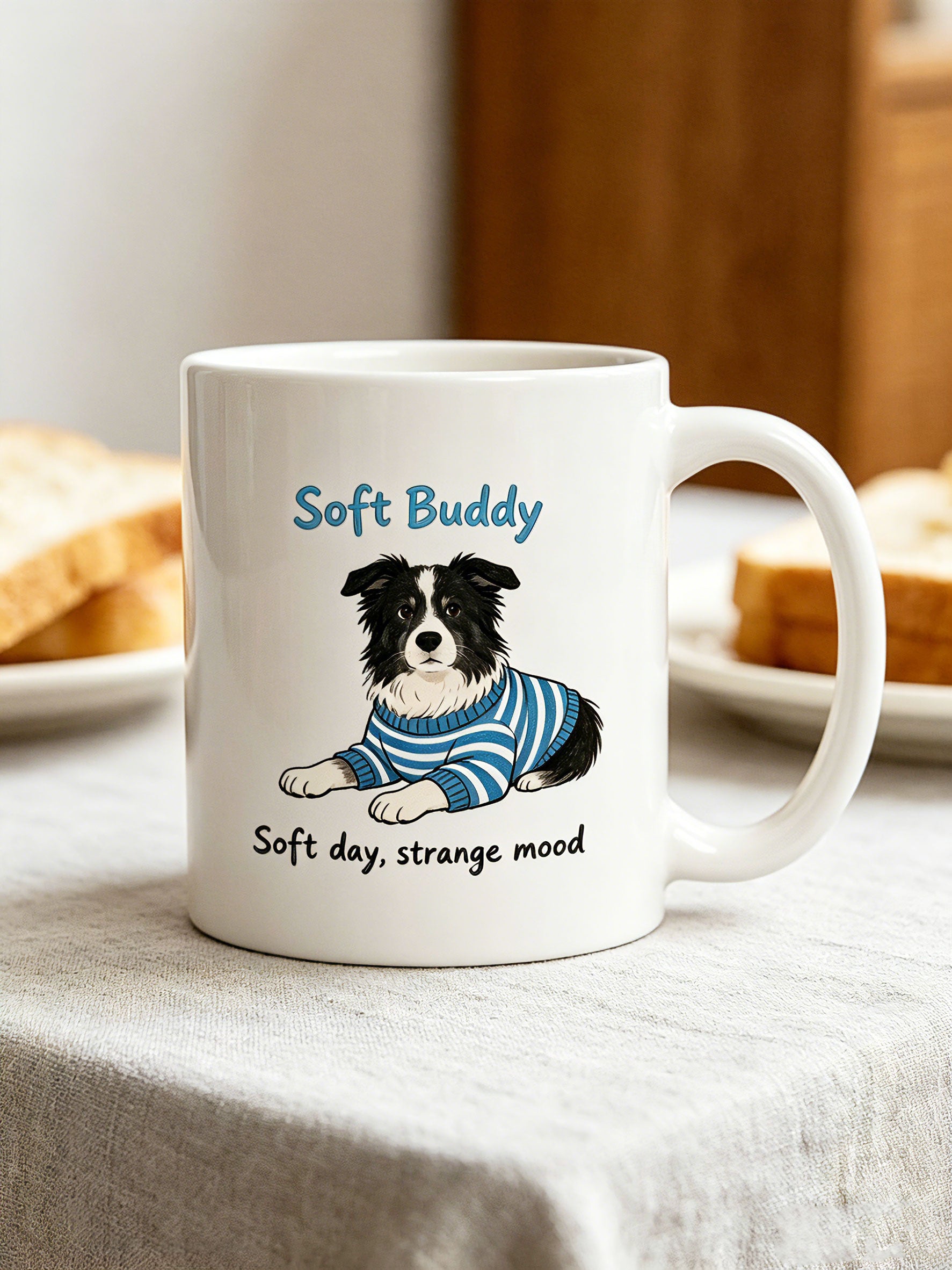 Cozy morning coffee with a custom pet portrait mug featuring a dog wearing a striped sweater.