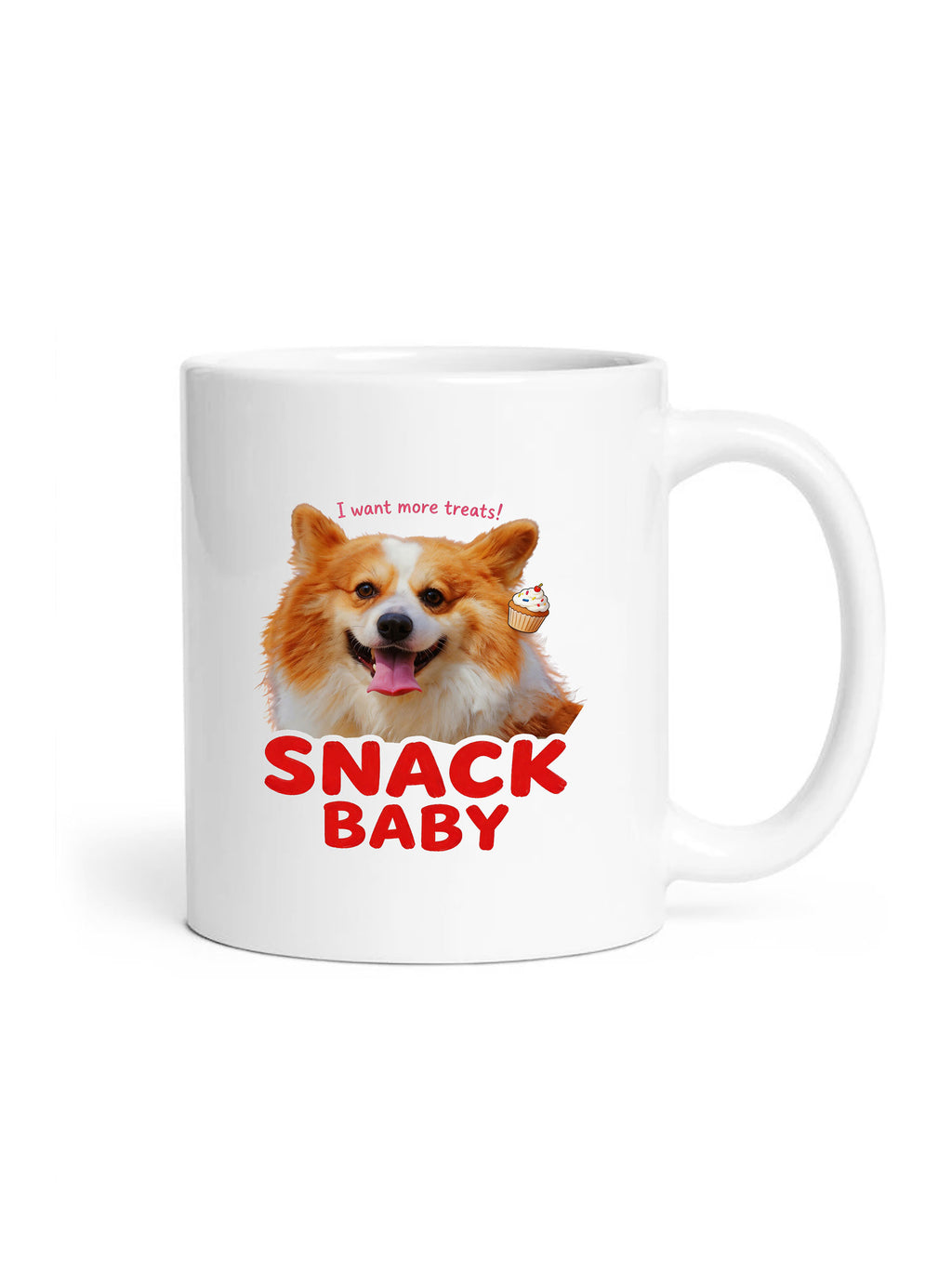 Funny custom pet mug with bold red Snack Baby lettering and a happy dog portrait.