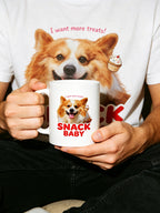 Funny custom pet mug with bold red Snack Baby lettering and a happy dog portrait.