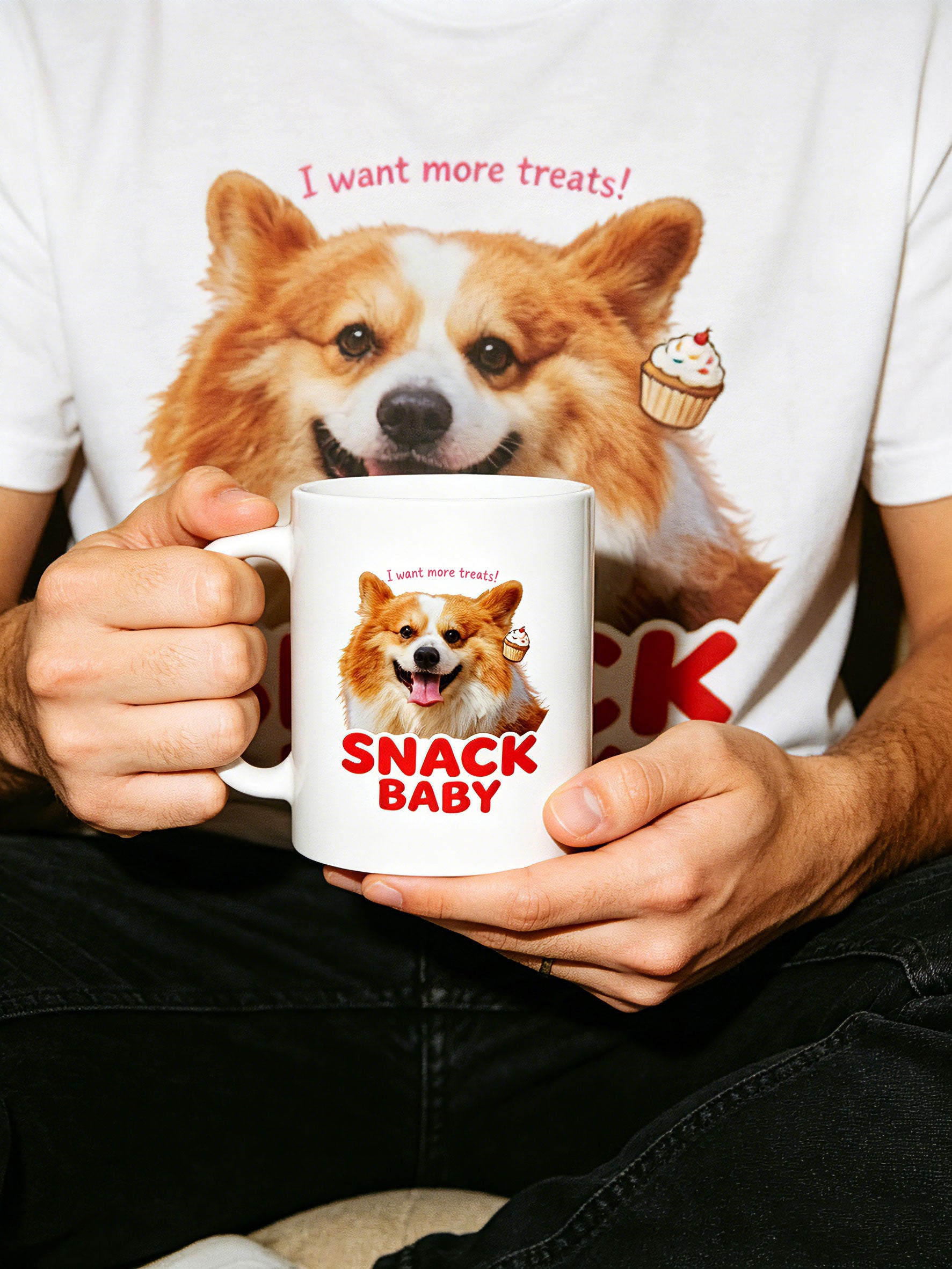 Funny custom pet mug with bold red Snack Baby lettering and a happy dog portrait.