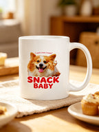 Custom pet portrait gift mug for dog lovers with funny Snack Baby design and treat theme.