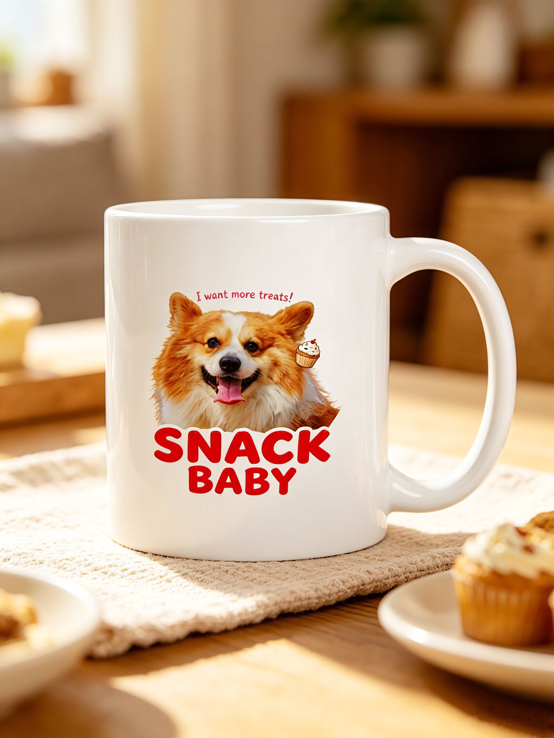 Custom pet portrait gift mug for dog lovers with funny Snack Baby design and treat theme.